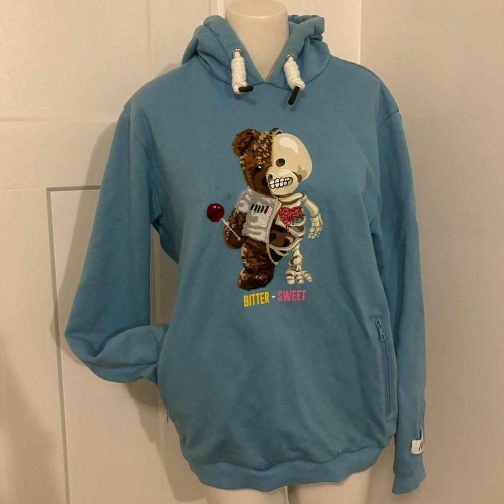 Fifth Loop Bear Skeleton Graphic Bitter Sweet Light Blue Pullover Hoodie size L
